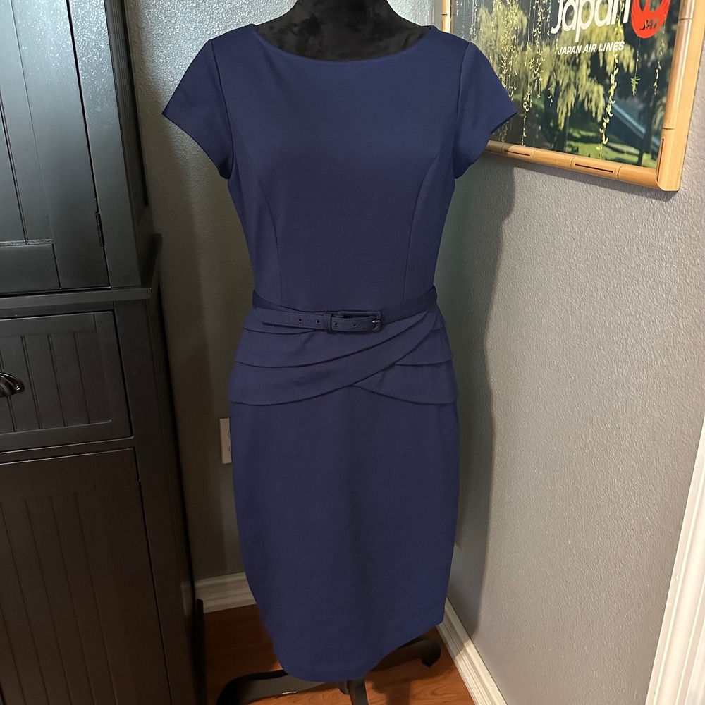 Kasper Sheath Dress Womens Size 10 Blue Belted Pleated Lined Office Preppy